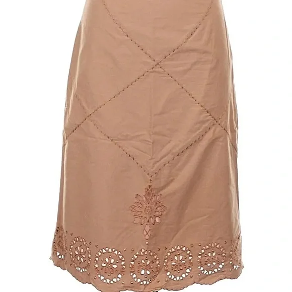 Vintage Odille Skirt: Tan and Pink Midi with Cutouts and Embroidery - Picture 2 of 9